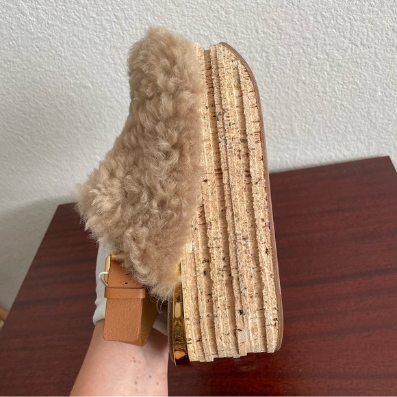 NWOT Chloe Camille Wedge Mules Fur Cork Leather Beige Sandals Shoes - Picture 11 of 13